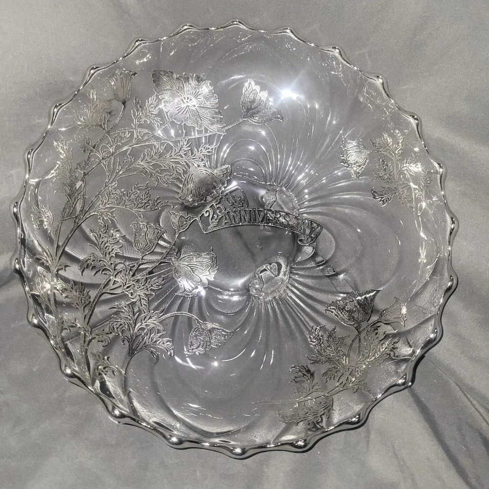 Sterling Silver Overlay 4 Footed Scalloped Edge Round Bowl 25th Anniversary